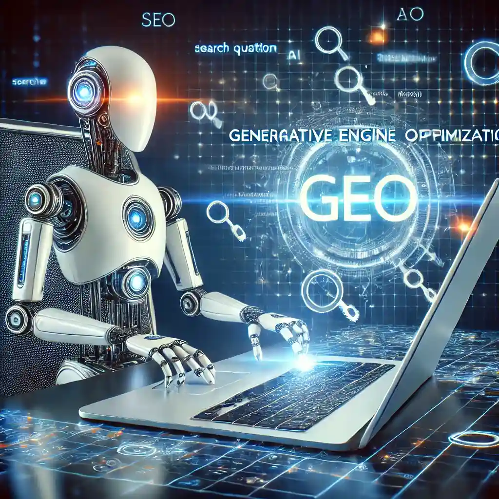 A futuristic AI-powered robot working on a laptop, symbolising Generative Engine Optimisation (GEO) and the evolution of AI-driven SEO. The background features digital elements, search query icons, and the term GEO in glowing text, representing the integration of AI into search algorithms.