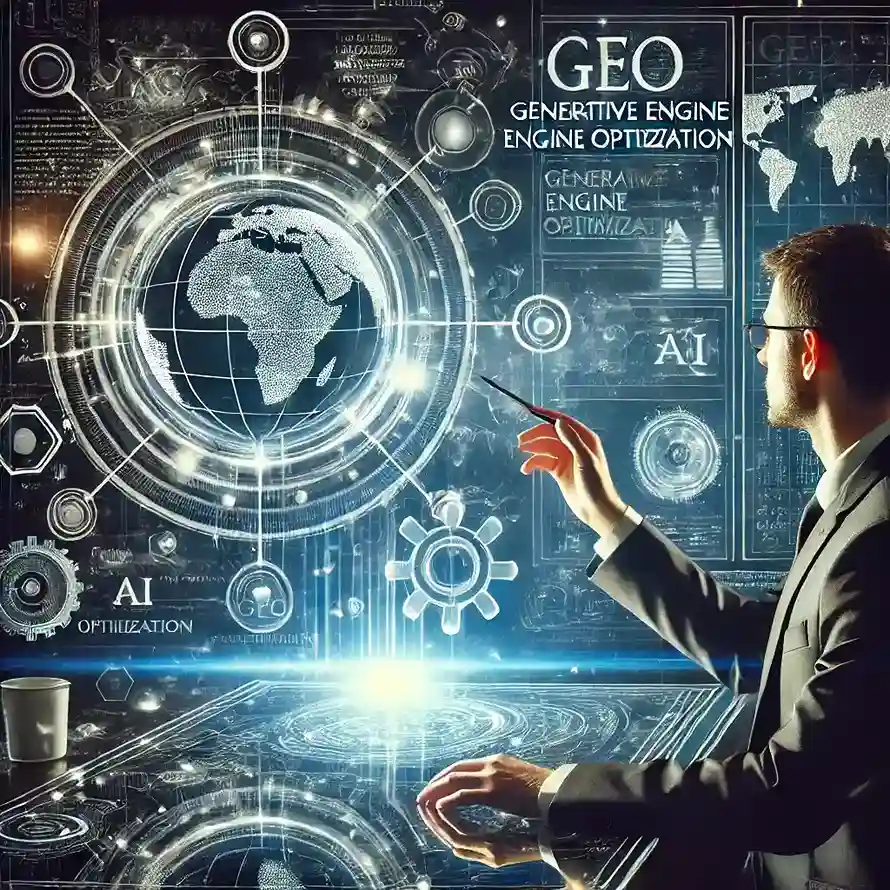 A business professional interacting with a futuristic AI-powered digital interface, illustrating Generative Engine Optimisation (GEO), AI-driven search strategies, and global SEO advancements.