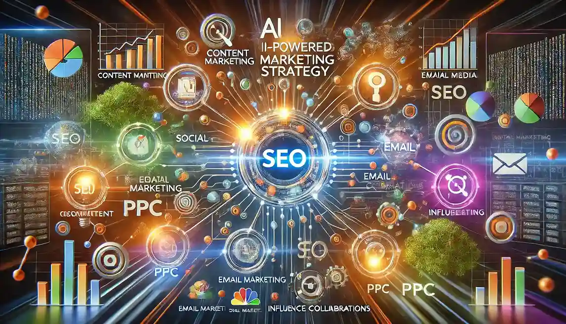 AI-powered marketing strategy showcasing Generative Engine Optimization (GEO) with integrated SEO, PPC, content marketing, social media, email, and influencer collaborations