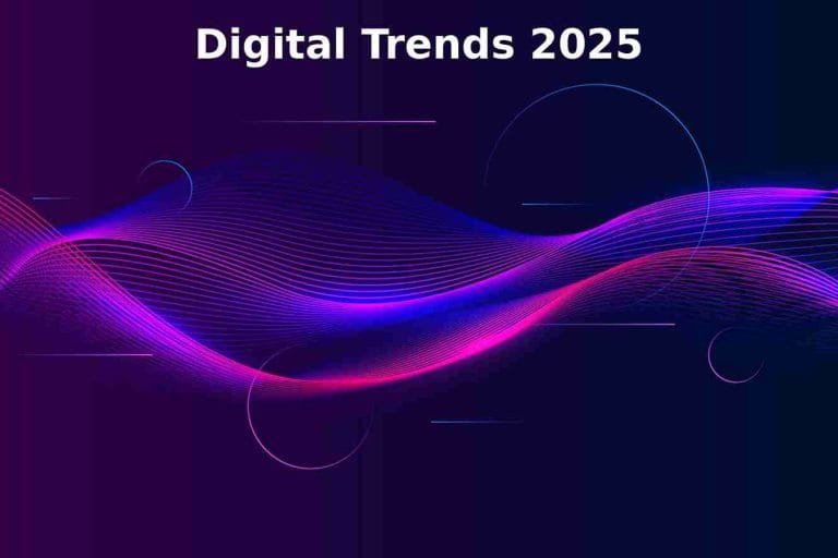 2025 Digital Transformation visualised through an abstract digital background with flowing blue, purple, and pink lines, symbolising AI-driven search, GEO marketing, SEO automation, and emerging digital trends.
